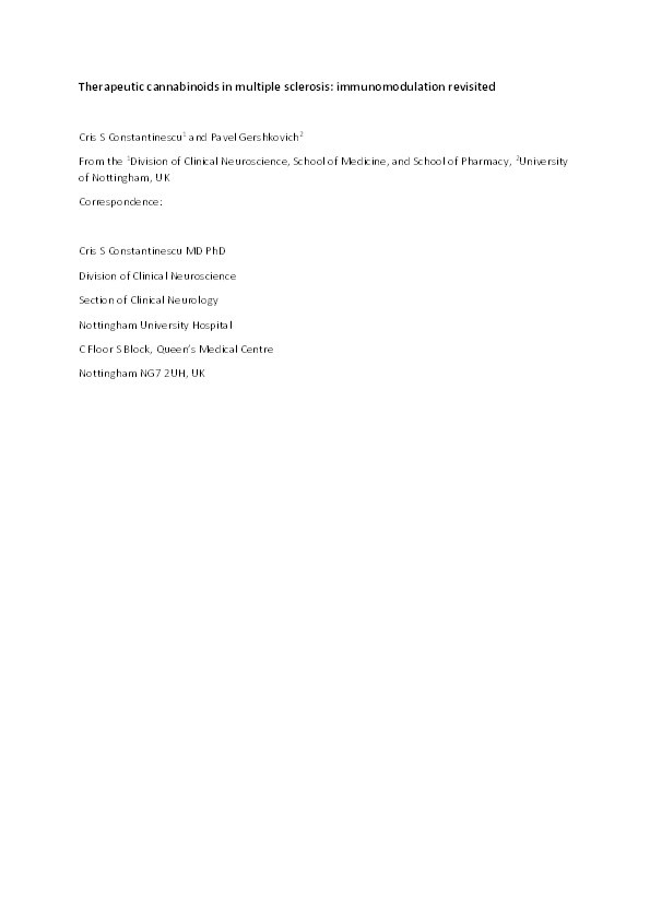 Therapeutic cannabinoids in multiple sclerosis: immunomodulation revisited Thumbnail