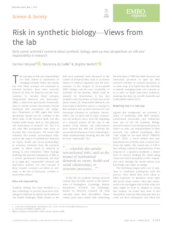 Risk in synthetic biology: views from the lab Thumbnail