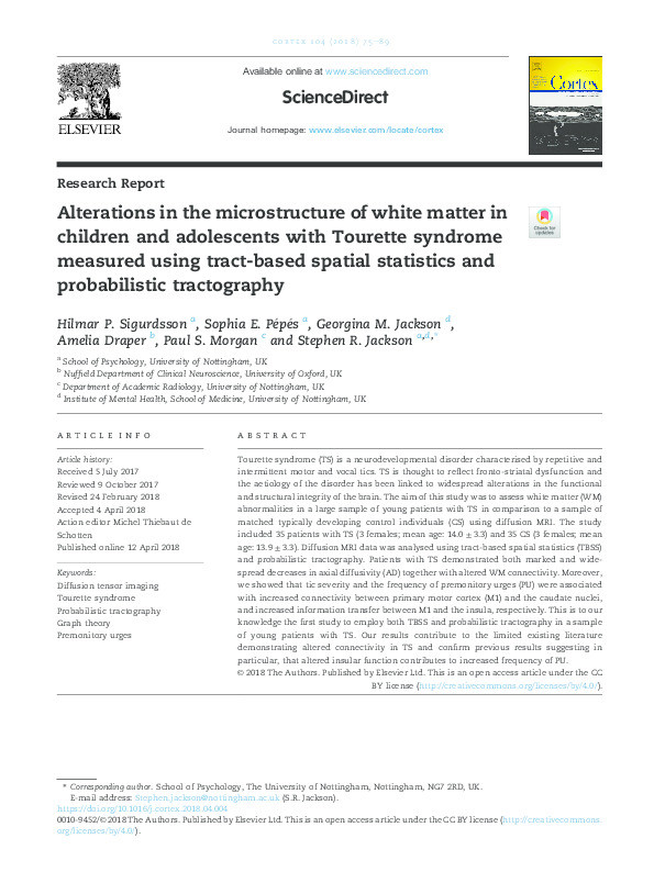 Alterations in the microstructure of white matter in children and adolescents with Tourette syndrome measured using tract-based spatial statistics and probabilistic tractography Thumbnail