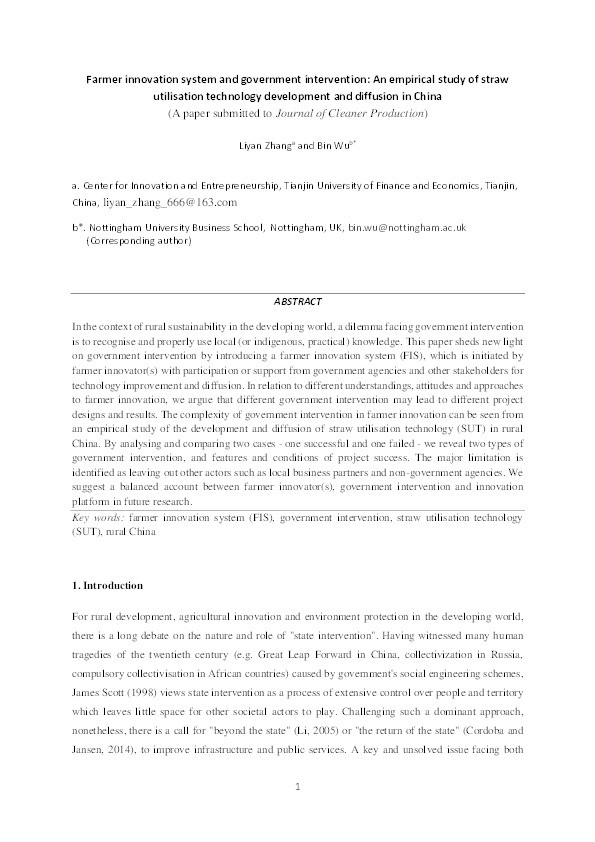Farmer innovation system and government intervention: an empirical study of straw utilisation technology development and diffusion in China Thumbnail