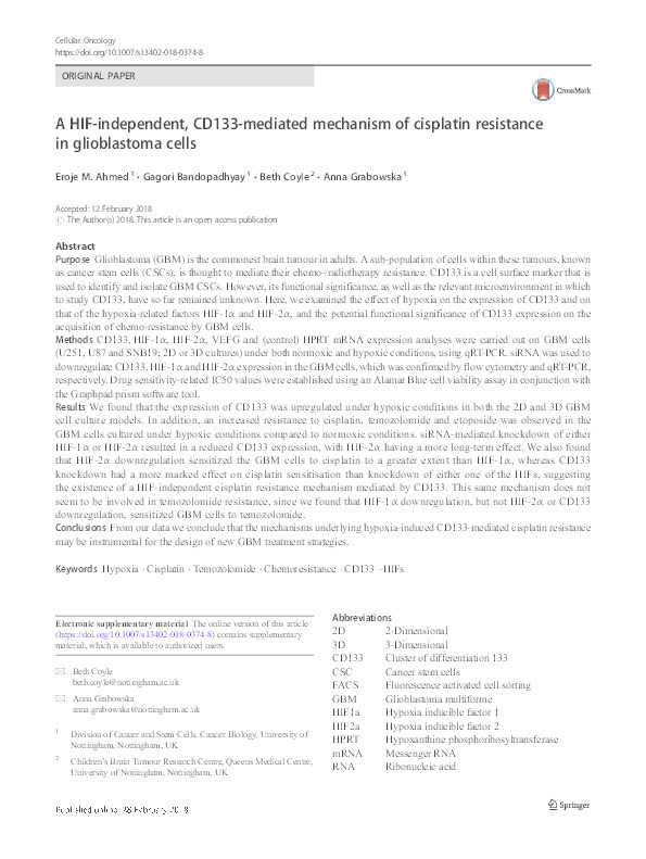 A HIF-independent, CD133-mediated mechanism of cisplatin resistance in glioblastoma cells Thumbnail