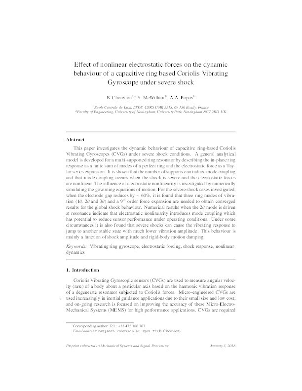 Effect of nonlinear electrostatic forces on the dynamic behaviour of a capacitive ring-based Coriolis Vibrating Gyroscope under severe shock Thumbnail