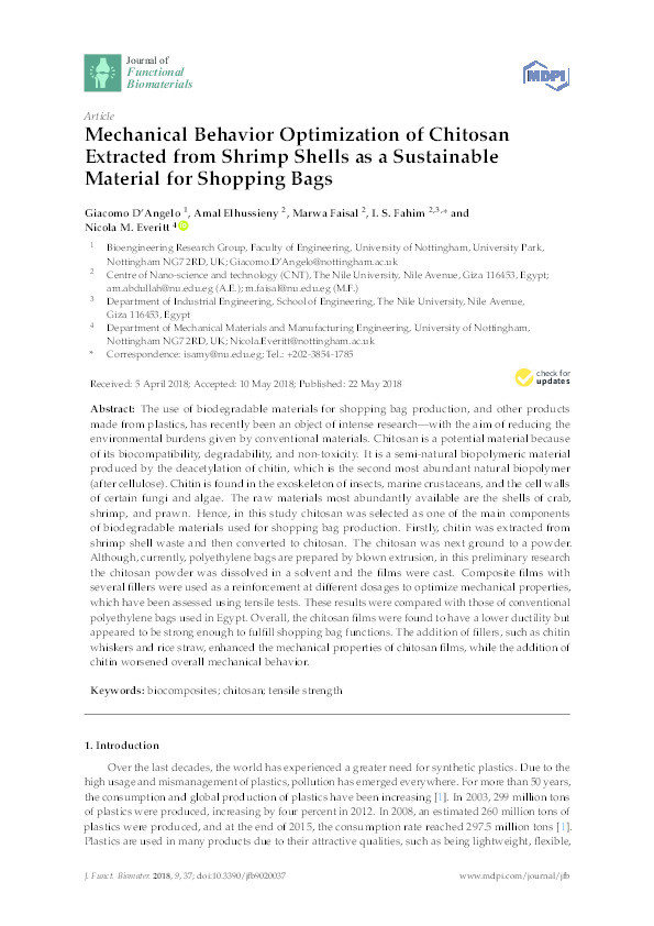 Mechanical behavior optimization of chitosan extracted from shrimp shells as a sustainable material for shopping bags Thumbnail