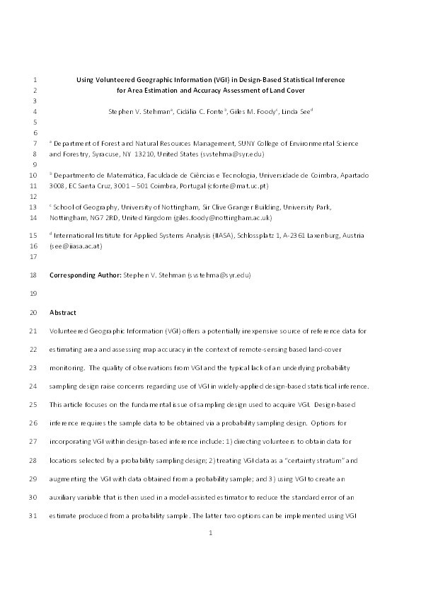 Using volunteered geographic information (VGI) in design-based statistical inference for area estimation and accuracy assessment of land cover Thumbnail