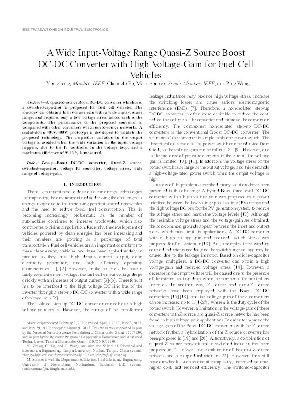 A Wide Input-Voltage Range Quasi-Z-Source Boost DC–DC Converter With High-Voltage Gain for Fuel Cell Vehicles Thumbnail