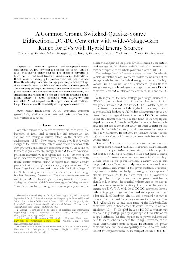 A common ground switched-quasi-Z-source bidirectional DC-DC converter with wide-voltage-gain range for EVs with hybrid energy sources Thumbnail