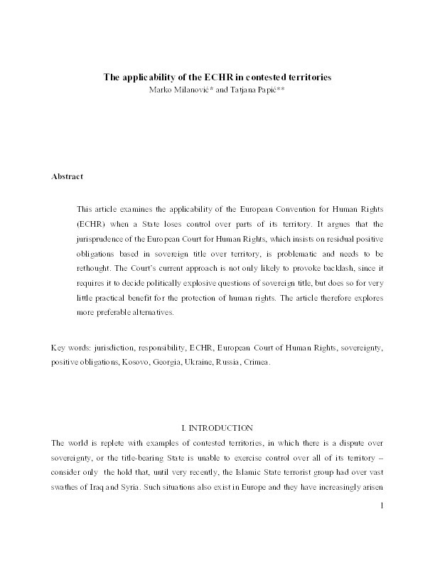 The applicability of the ECHR in contested territories Thumbnail