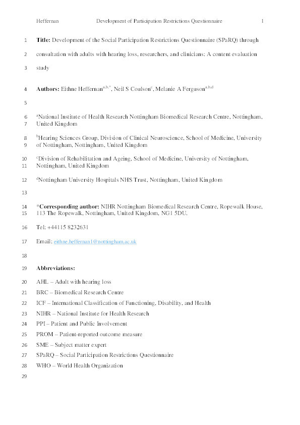 Development of the Social Participation Restrictions Questionnaire (SPaRQ) through consultation with adults with hearing loss, researchers, and clinicians: a content evaluation study Thumbnail