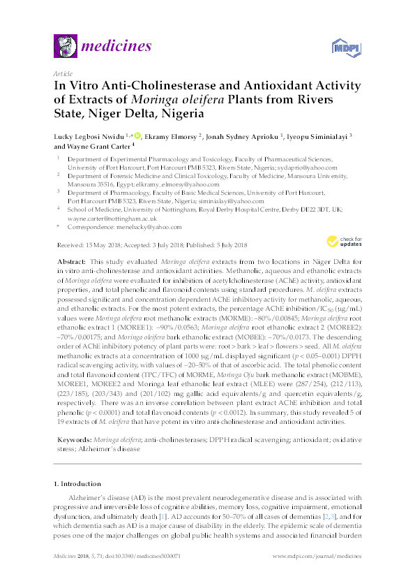 In vitro anti-cholinesterase and antioxidant activity of extracts of Moringa oleifera plants from Rivers State, Niger Delta, Nigeria Thumbnail