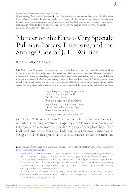 Murder on the Kansas City Special? Pullman Porters, Emotions, and the Strange Case of J. H. Wilkins Thumbnail
