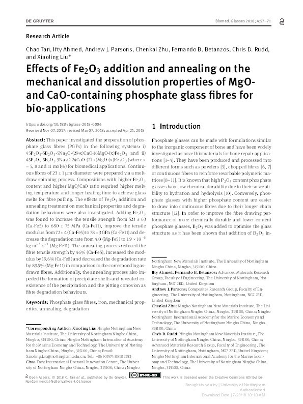 Effects of Fe2O3 addition and annealing on the mechanical and dissolution properties of MgO- and CaO-containing phosphate glass fibres for bio-applications Thumbnail