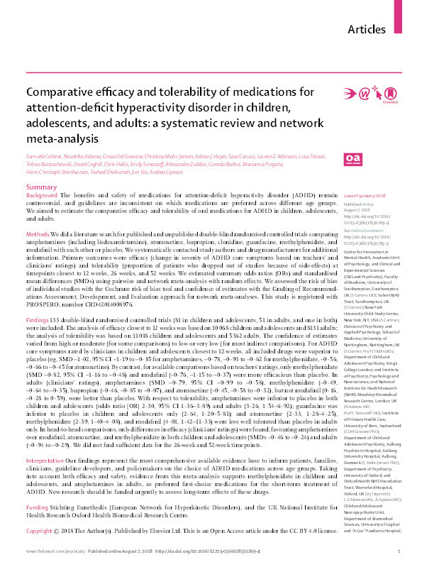 Comparative efficacy and tolerability of medications for attention-deficit hyperactivity disorder in children, adolescents, and adults: a systematic review and network meta-analysis Thumbnail