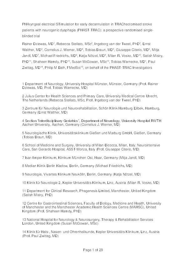 Pharyngeal electrical stimulation for early decannulation in tracheotomised patients with neurogenic dysphagia after stroke (PHAST-TRAC): a prospective, single-blinded, randomised trial Thumbnail