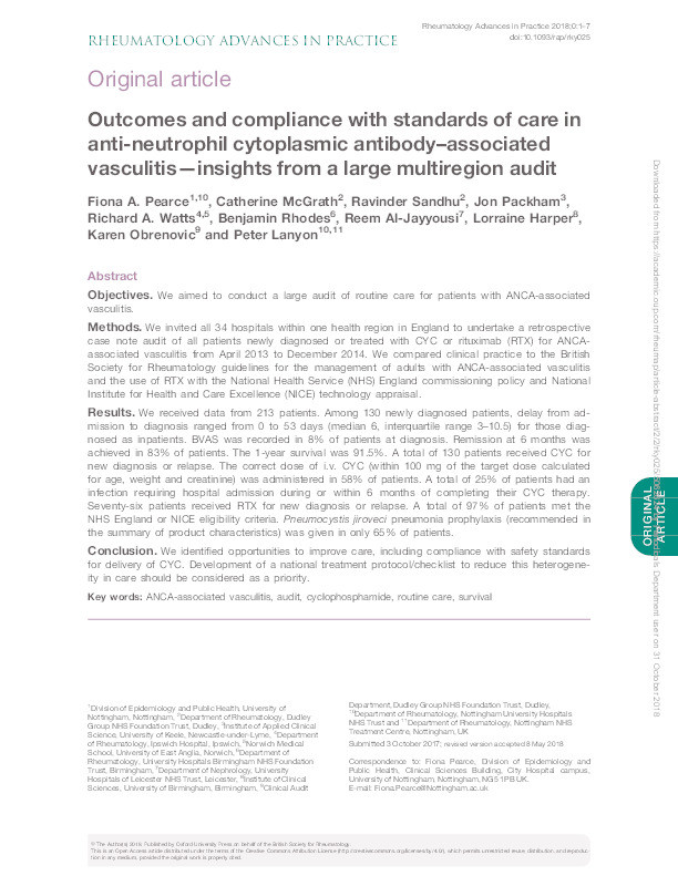 Outcomes and compliance with standards of care in ANCA-associated vasculitis: insights from a large multi-region audit Thumbnail