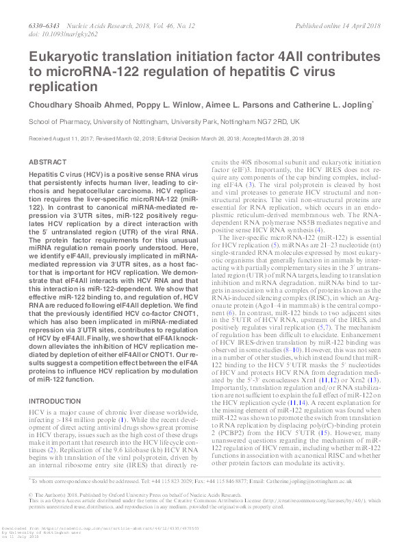 Eukaryotic translation initiation factor 4All contributes to microRNA-122 regulation of hepatitis C virus replication Thumbnail