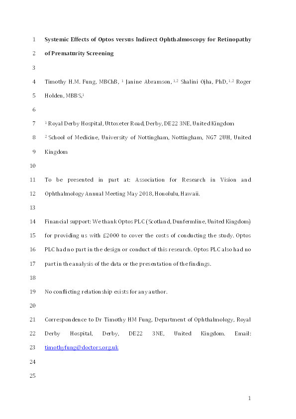 Systemic effects of Optos versus indirect ophthalmoscopy for retinopathy of prematurity screening Thumbnail