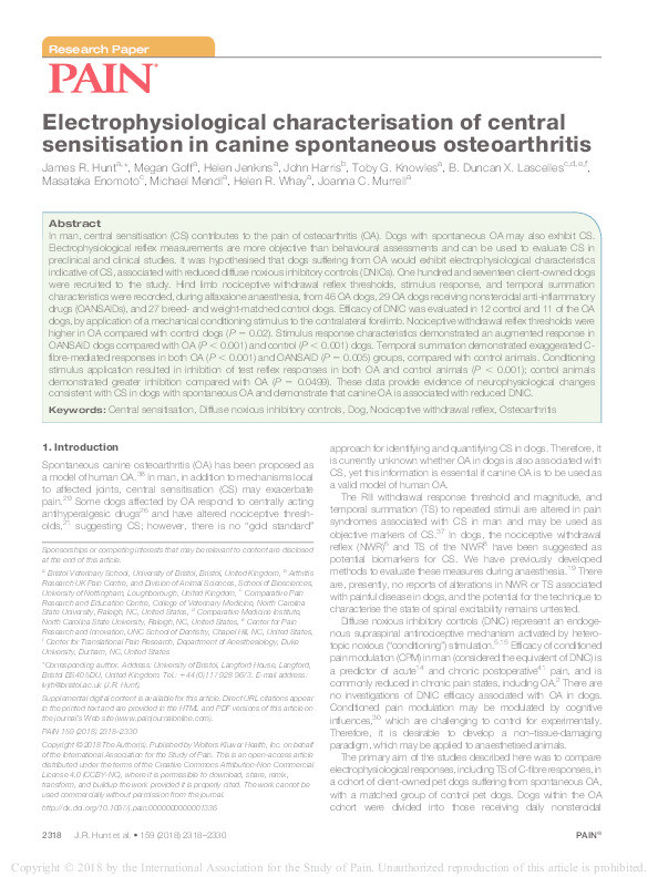 Electrophysiological characterisation of central sensitisation in canine spontaneous osteoarthritis Thumbnail