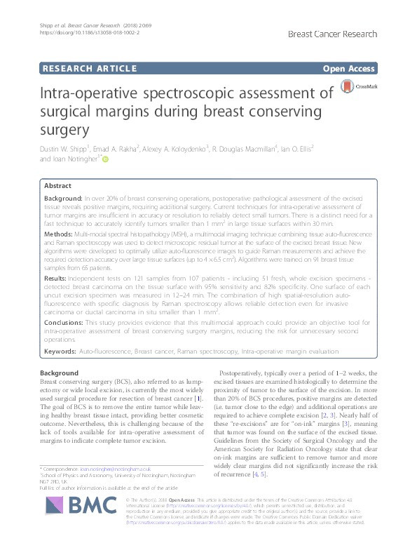 Intra-operative spectroscopic assessment of surgical margins during breast conserving surgery Thumbnail