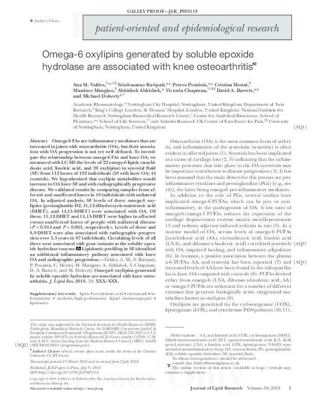 Omega-6 oxylipins generated by soluble epoxide hydrolase are associated with knee osteoarthritis Thumbnail