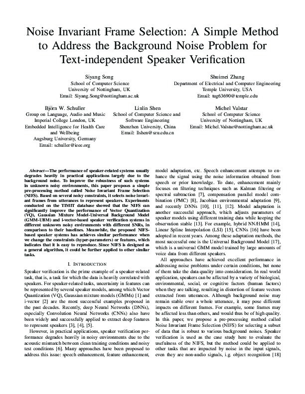 Noise Invariant Frame Selection: A Simple Method to Address the Background Noise Problem for Text-independent Speaker Verification Thumbnail