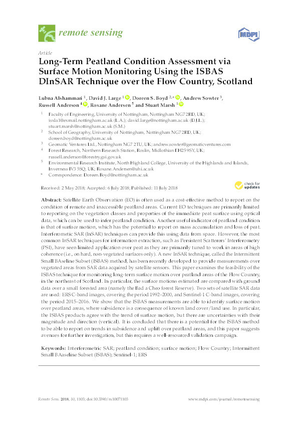 Long-term peatland condition assessment via surface motion monitoring using the ISBAS DInSAR technique over the Flow Country, Scotland Thumbnail