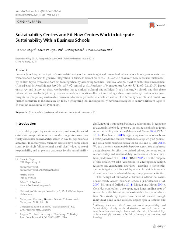 Sustainability Centres and Fit: How Centres Work to Integrate Sustainability Within Business Schools Thumbnail