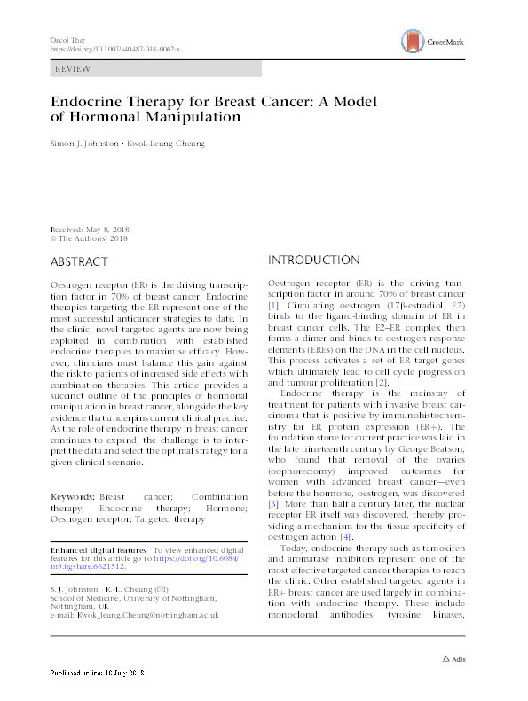 Endocrine therapy for breast cancer: a model of hormonal manipulation Thumbnail