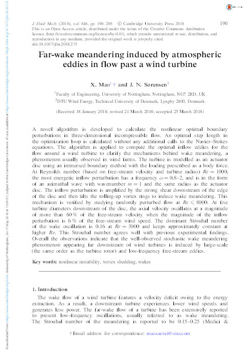 Far-wake meandering induced by atmospheric eddies in flow past a wind turbine Thumbnail