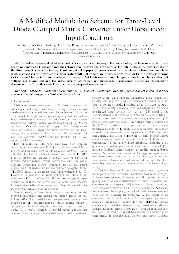 Modified modulation scheme for three‐level diode‐clamped matrix converter under unbalanced input conditions Thumbnail