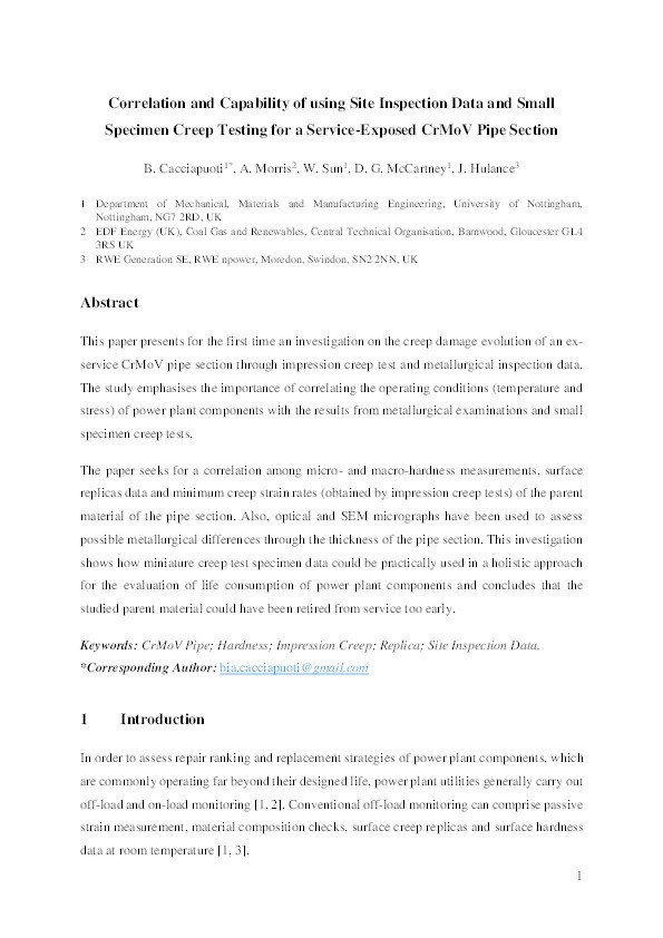 Correlation and capability of using site inspection data and small specimen creep testing for a service-exposed CrMoV pipe section Thumbnail