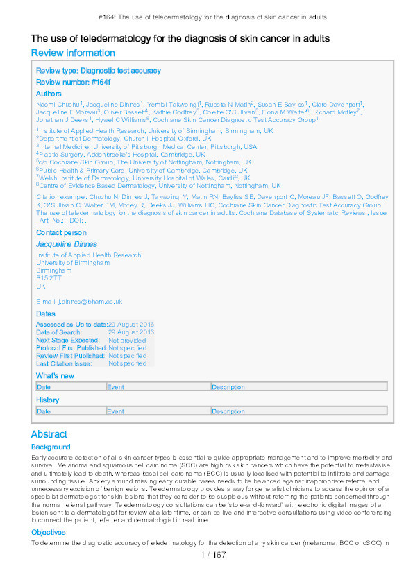 Teledermatology for the diagnosis of skin cancer in adults Thumbnail