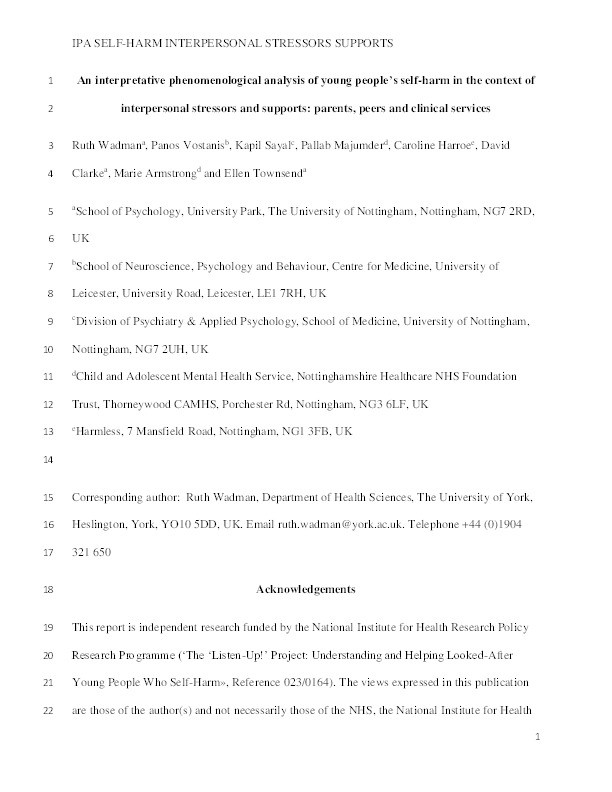 An interpretative phenomenological analysis of young people’s self-harm in the context of interpersonal stressors and supports: parents, peers and clinical services Thumbnail