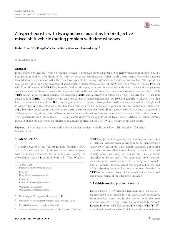 A hyper-heuristic with two guidance indicators for bi-objective mixed-shift vehicle routing problem with time windows Thumbnail