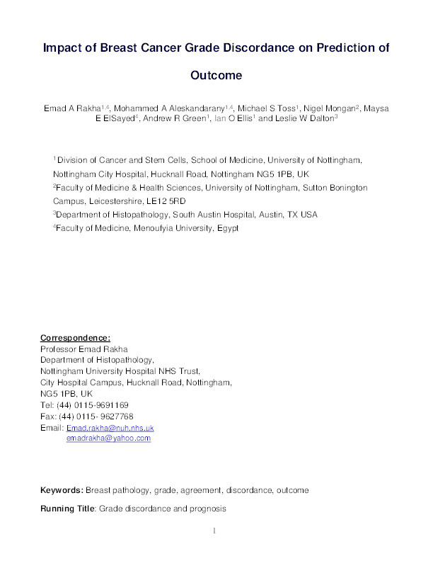 Impact of breast cancer grade discordance on prediction of outcome Thumbnail