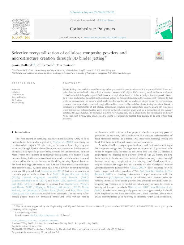 Selective recrystallization of cellulose composite powders and microstructure creation through 3D binder jetting Thumbnail