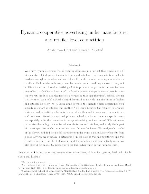 Dynamic cooperative advertising under manufacturer and retailer level competition Thumbnail