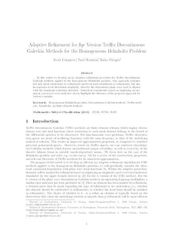 Adaptive refinement for hp-version Trefftz discontinuous Galerkin methods for the homogeneous Helmholtz problem Thumbnail