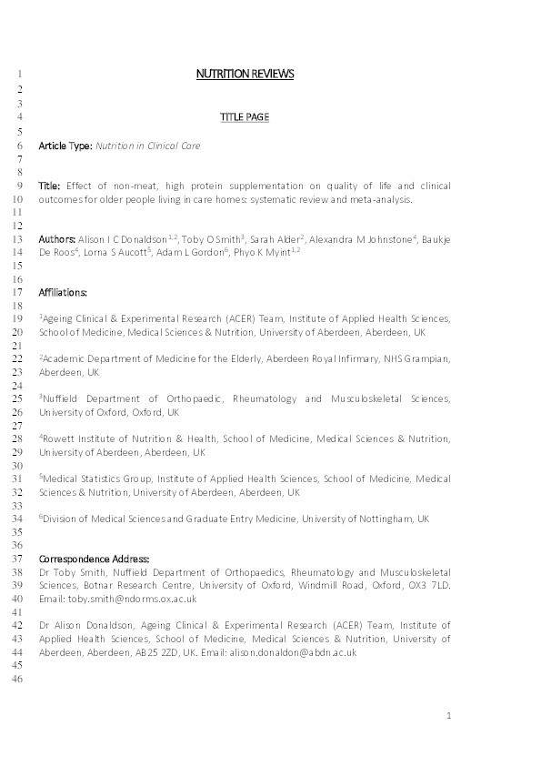 Effect of non-meat, high protein supplementation on quality of life and clinical outcomes for older people living in care homes: systematic review and meta-analysis Thumbnail