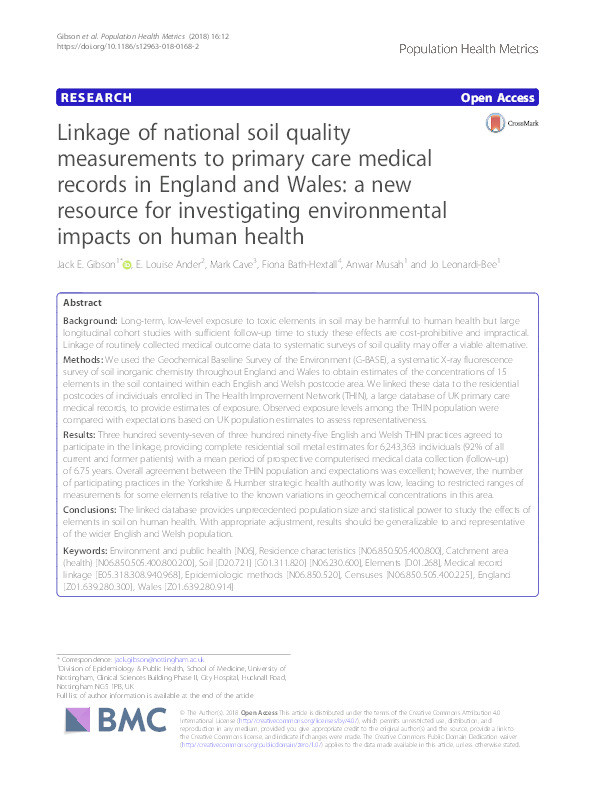 Linkage of national soil quality measurements to primary care medical records in England and Wales: a new resource for investigating environmental impacts on human health Thumbnail