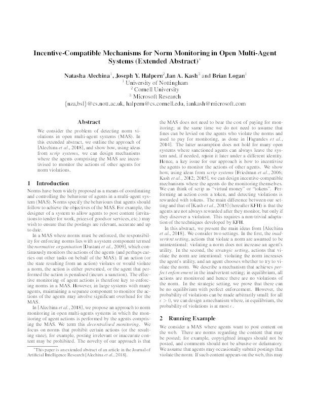 Incentive-compatible mechanisms for norm monitoring in open multi-agent systems (Extended abstract) Thumbnail