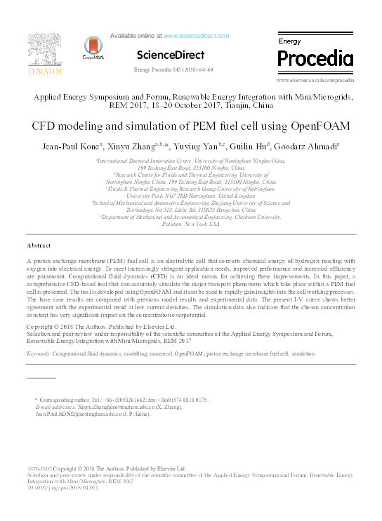 CFD modeling and simulation of PEM fuel cell using OpenFOAM Thumbnail