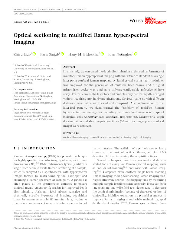 Optical sectioning in multi-foci Raman hyperspectral imaging Thumbnail