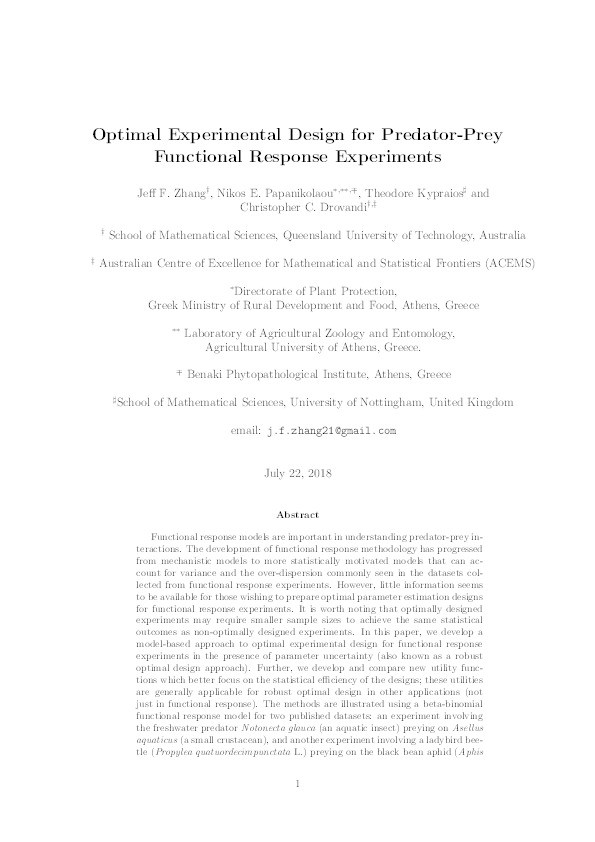 Optimal experimental design for predator–prey functional response experiments Thumbnail