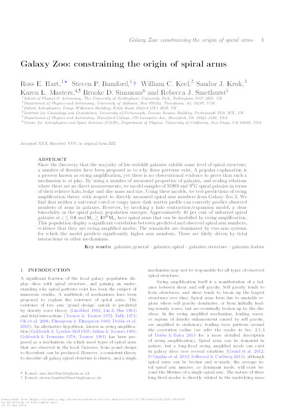 Galaxy Zoo: constraining the origin of spiral arms Thumbnail