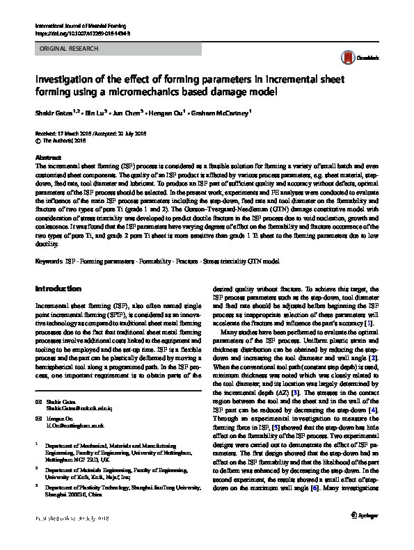Investigation of the effect of forming parameters in incremental sheet forming using a micromechanics based damage model Thumbnail