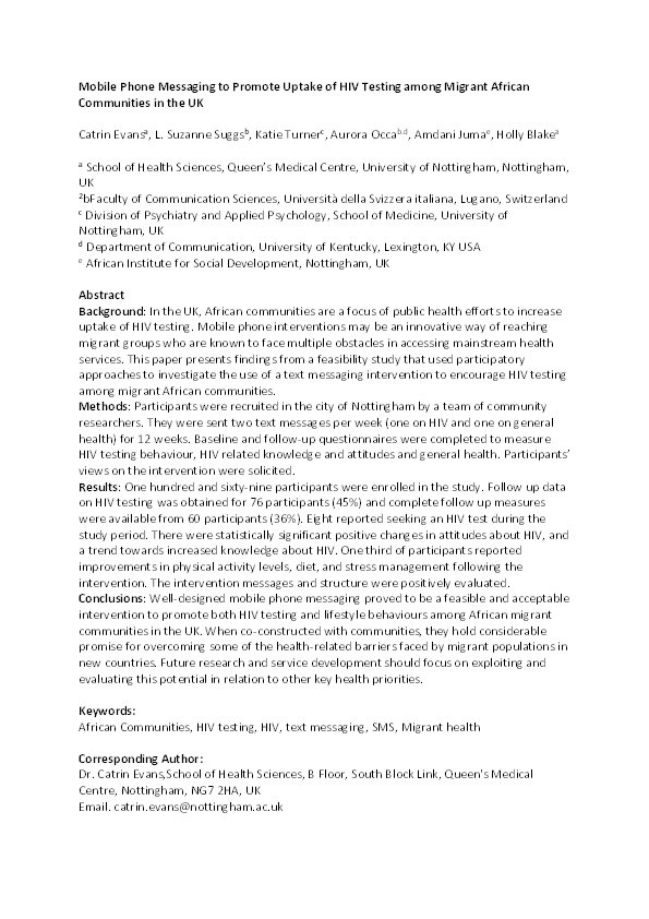 Mobile phone messaging to promote uptake of HIV testing among migrant African communities in the UK Thumbnail