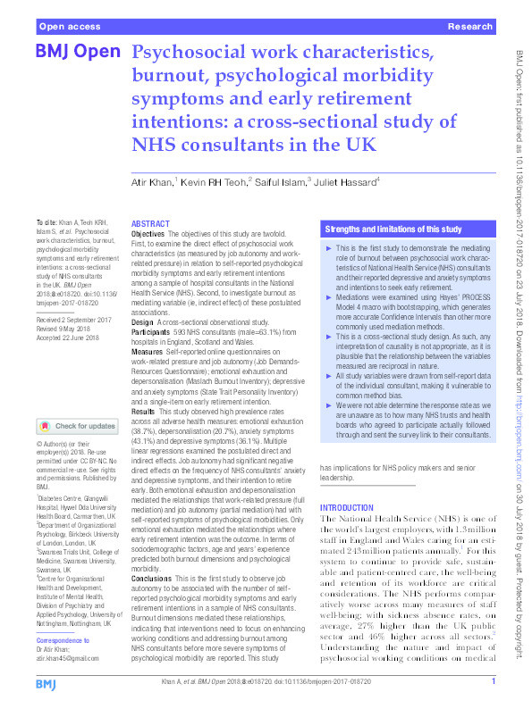 Psychosocial work characteristics, burnout, psychological morbidity symptoms and early retirement intentions: a cross-sectional study of NHS consultants in the United Kingdom Thumbnail