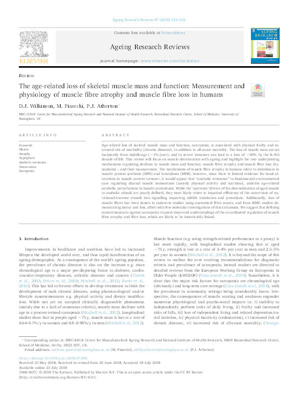 The age-related loss of skeletal muscle mass and function: measurement and physiology of muscle fibre atrophy and muscle fibre loss in humans Thumbnail