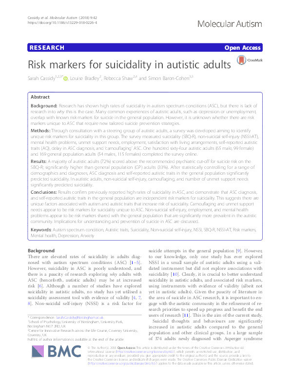 Risk markers for suicidality in autistic adults Thumbnail