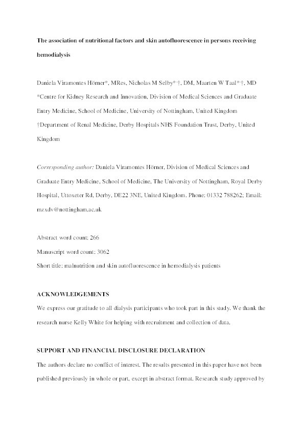 The association of nutritional factors and skin autofluorescence in persons receiving hemodialysis Thumbnail